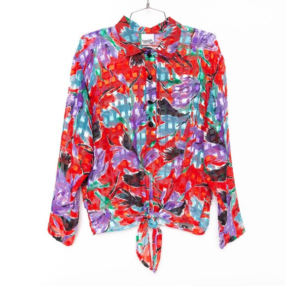 Vintage Red Sheer Floral Print Blouse - Picture 1 of 4